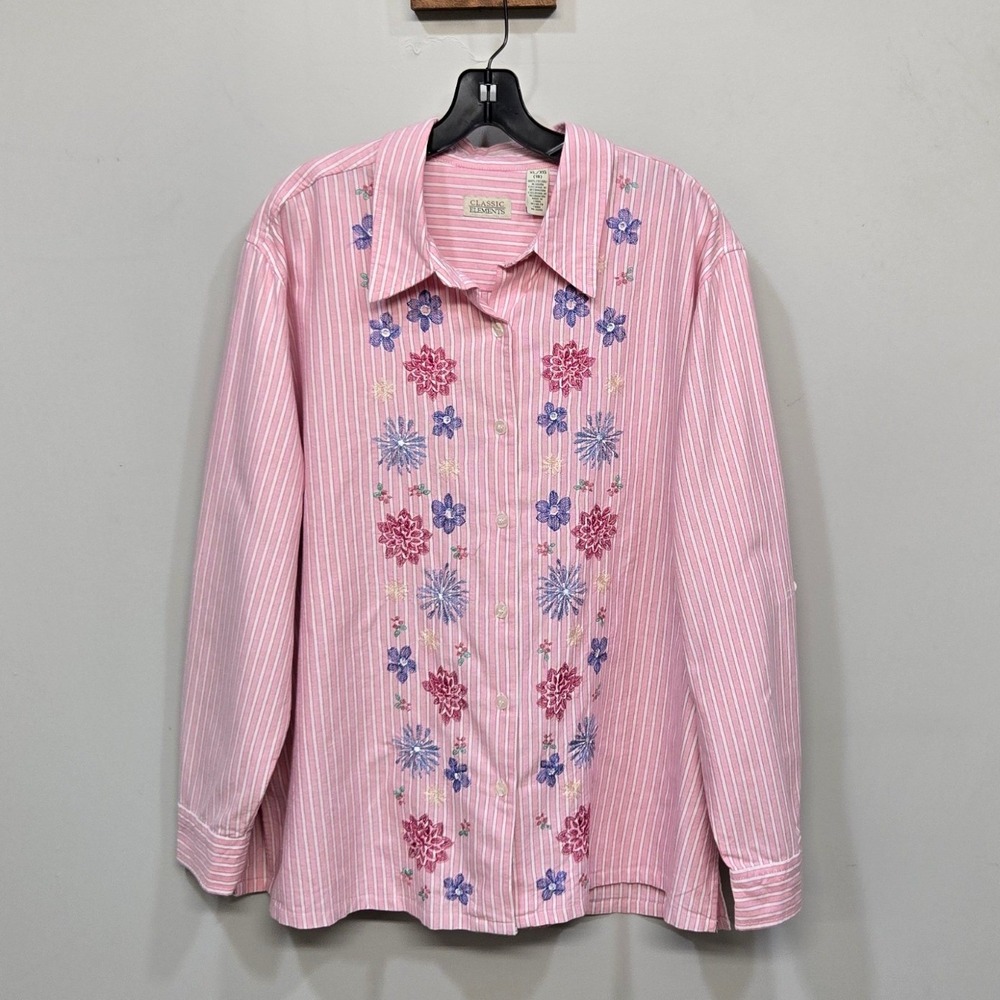 Pink White Stripe Button Down Shirt XL Floral Embroidered Cottage Coastal Preppy